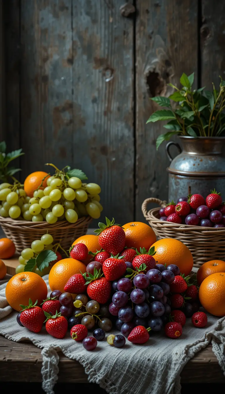 Natura morta rustica e cinematografica con frutta fresca estiva