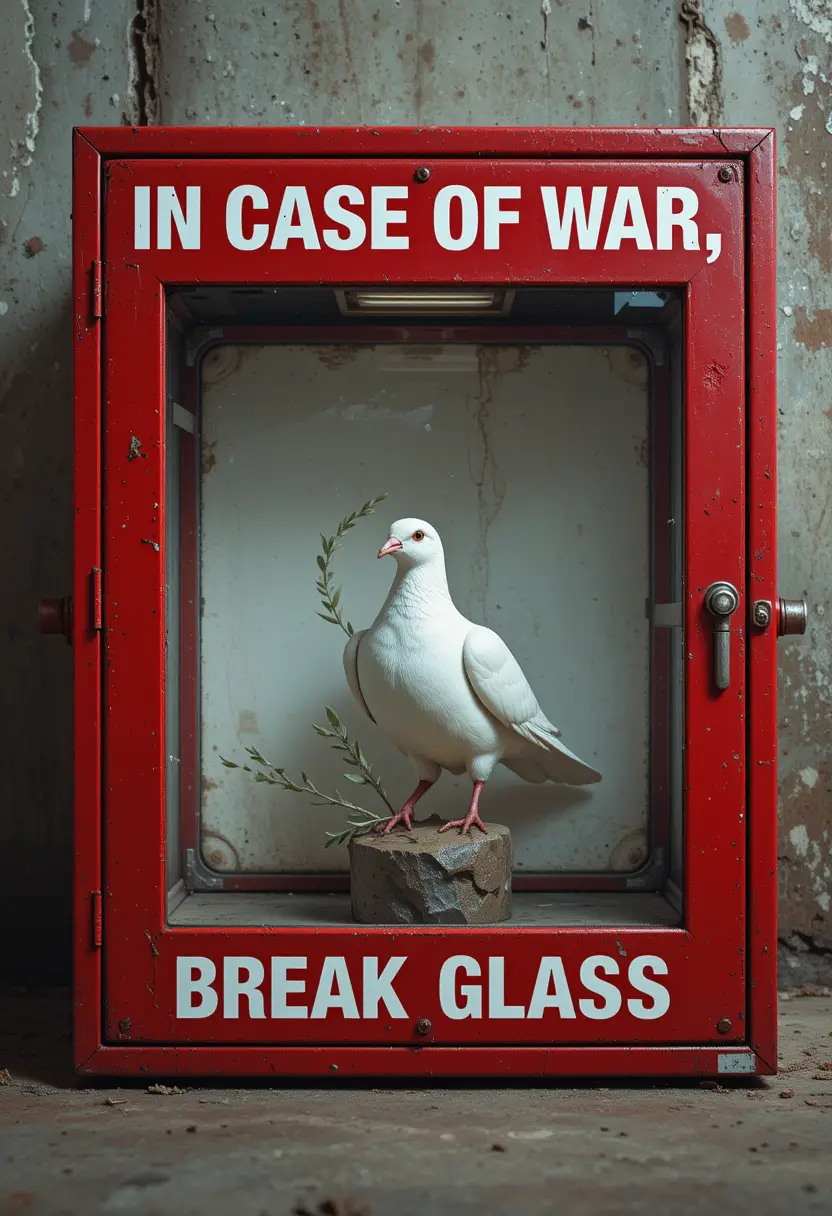 White dove with olive branch in emergency glass box