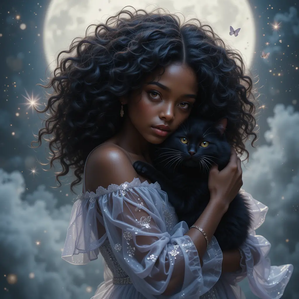月明かりの霧の中で黒猫を抱きしめるファンタジー少女