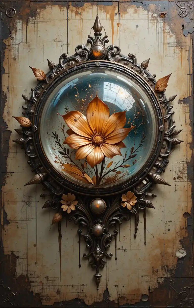 Arte de bola de cristal industrial com detalhes florais e grunge