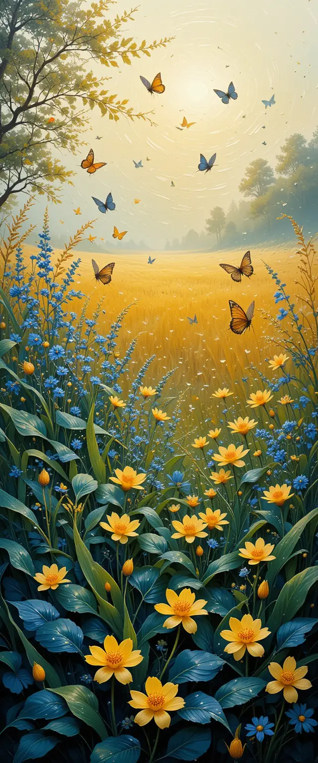 Gelbe und blaue Blüten im sanften Morgenlicht