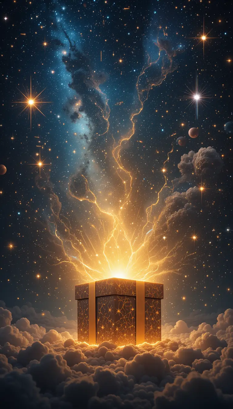 在深邃外太空綻放的發光宇宙禮物盒