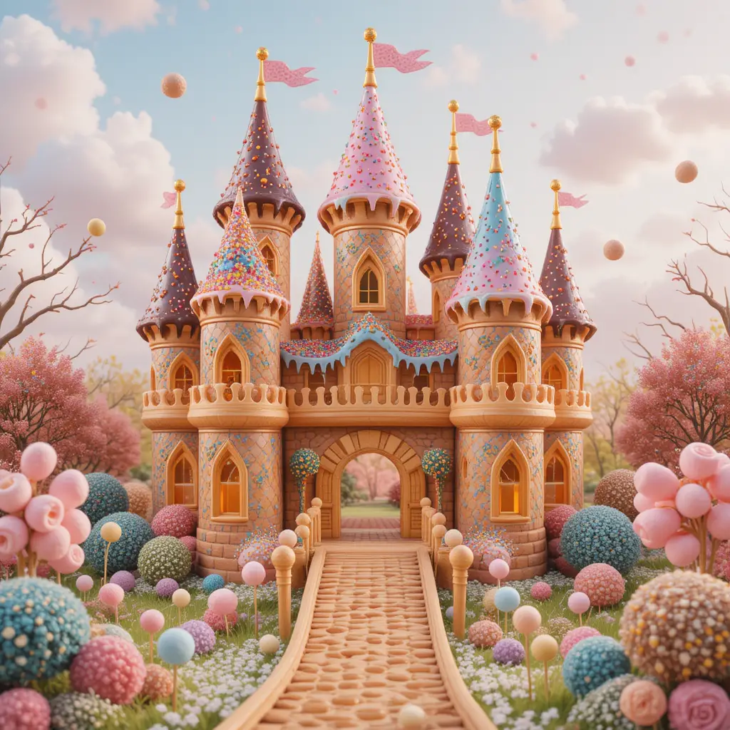 Château de Donuts Fantaisiste dans un Paysage de Bonbons Pastel Féérique