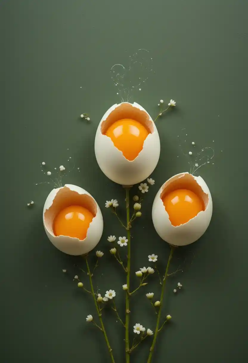 Eggshell flowers with bright yolks on dark green background