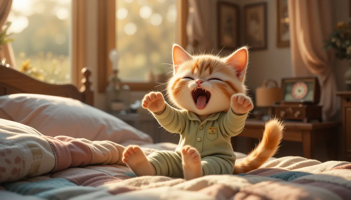 Sleepy Orange Kitten Waking Up In A Cozy Bedroom