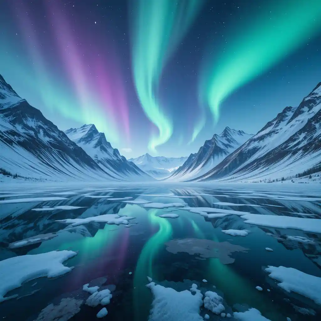 Frozen mountain lake under glowing northern lights sky