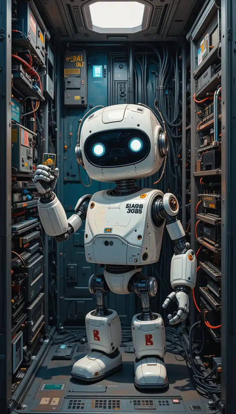 Friendly tiny robot inside a computer inserting a chip