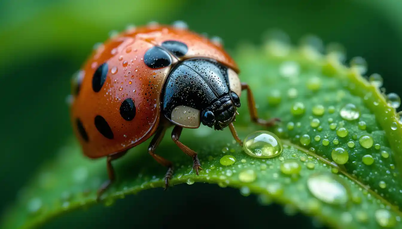 Macro ladybug on green leaf with water droplets