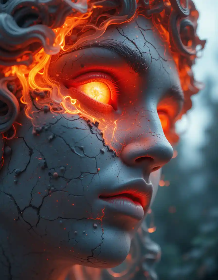 Burning stone statue cheek in fantasy close up art