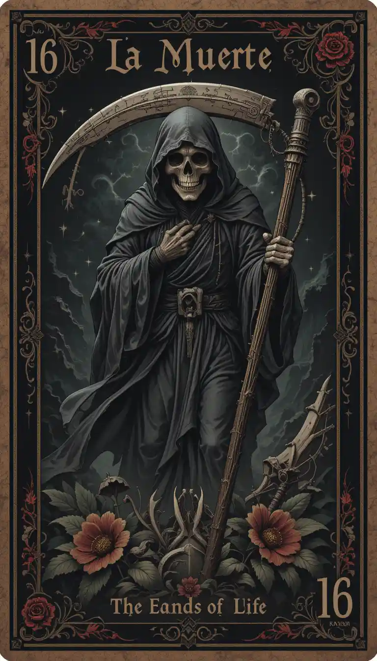 La Muerte playing card with grim reaper in dark tones