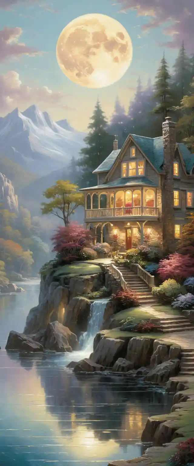Moonlit lake house on a tranquil cliffside landscape
