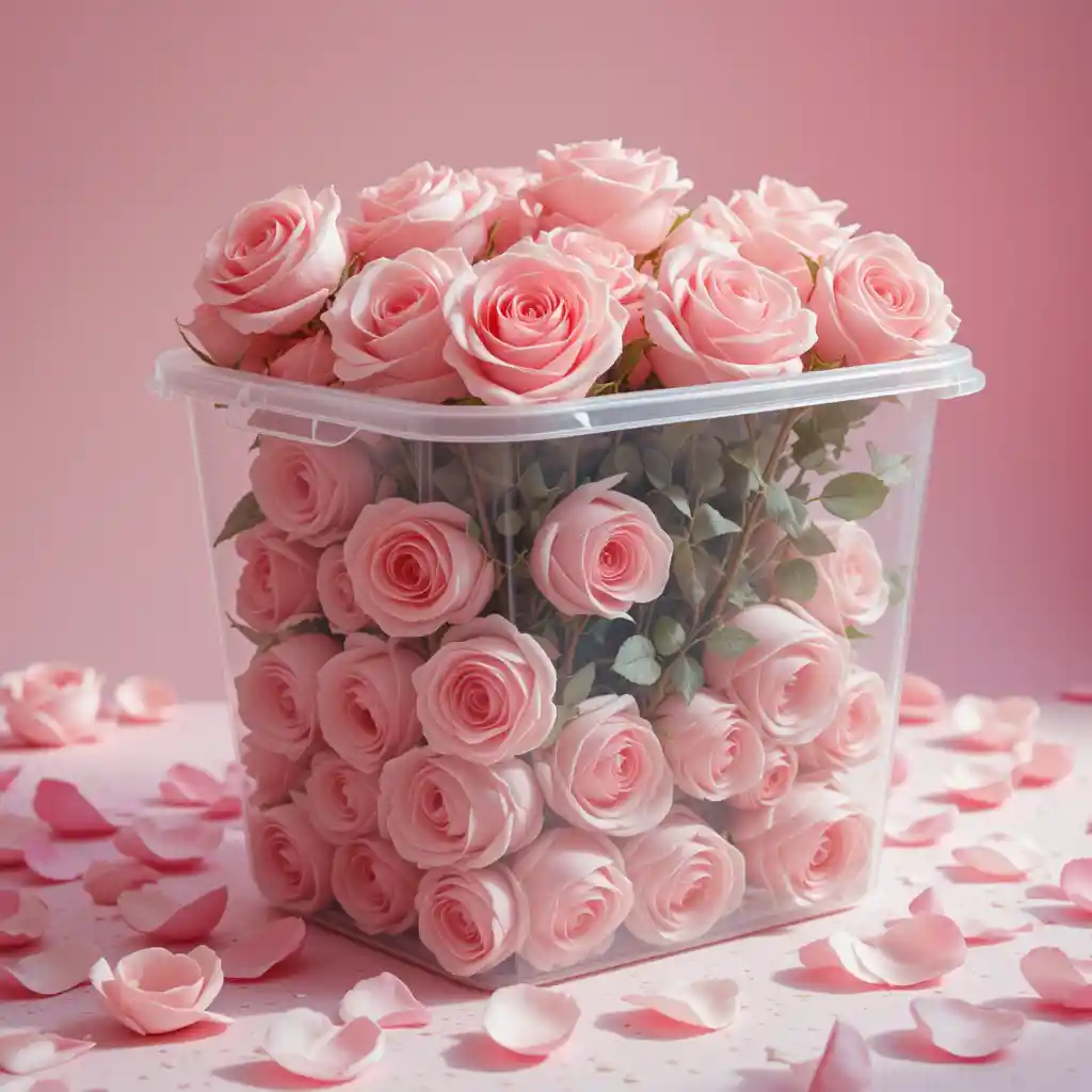 Soft pastel roses spilling from a clear plastic bin