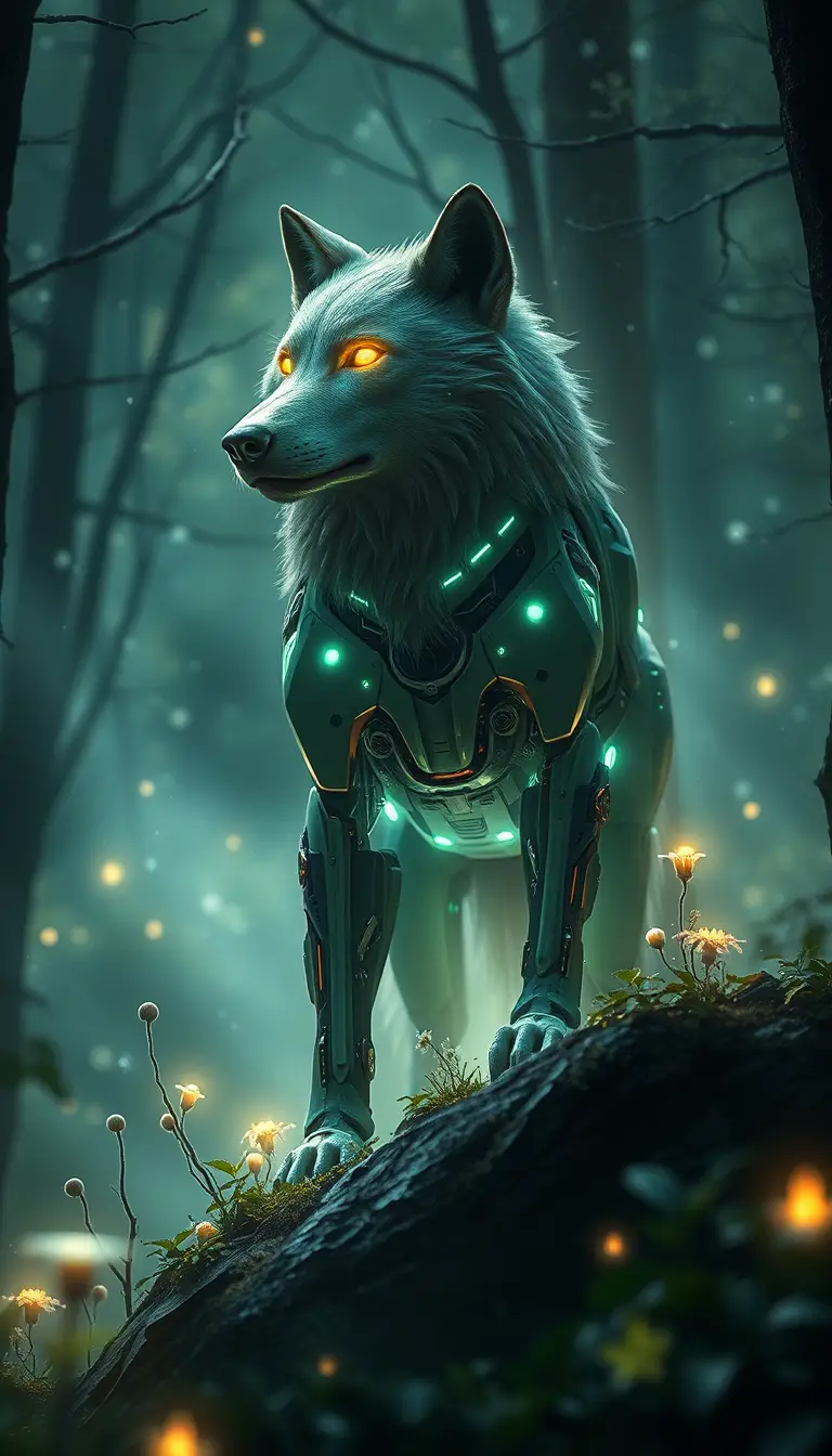 Loup biomécanique en gros plan dans une forêt fantastique lumineuse