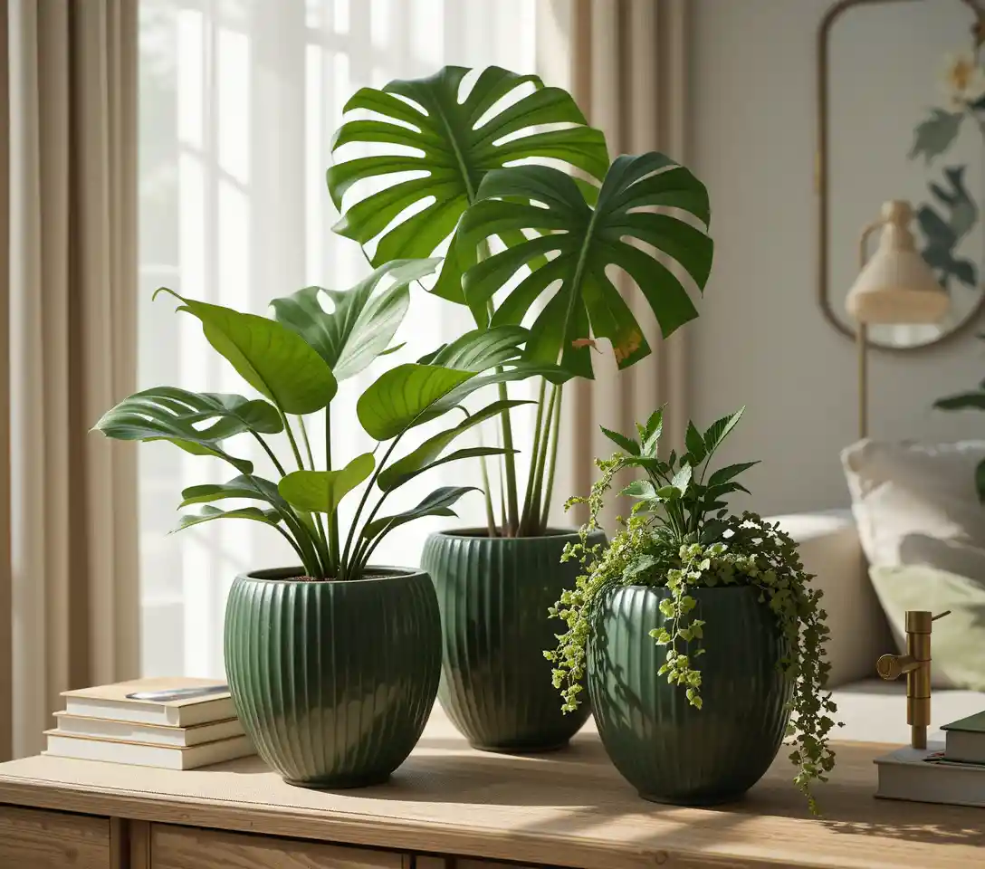 Vasi in ceramica verde decorati su una consolle in rovere bianco