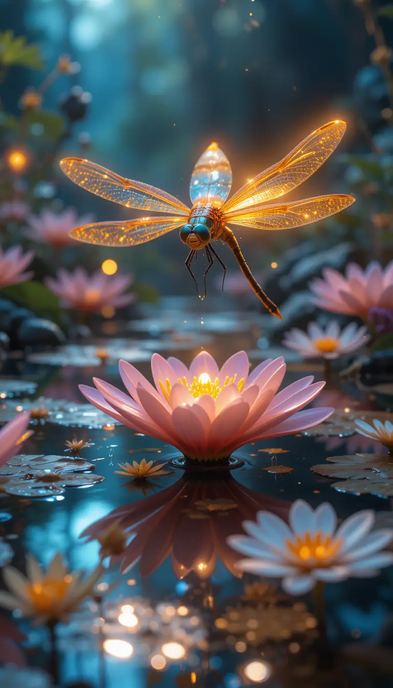 Libellula luminosa sopra uno stagno sci-fi con fiori radiosi