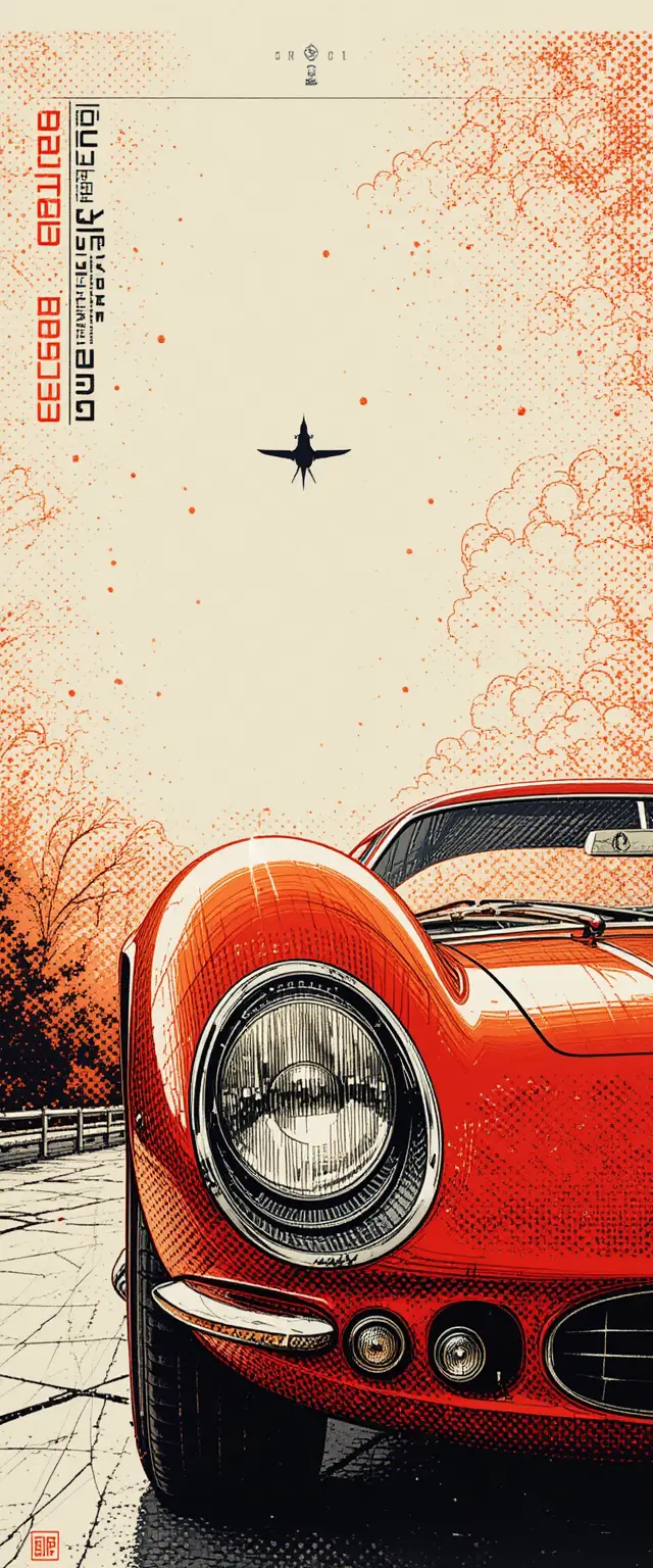 Ink drawing of a red classic sports car at sunset