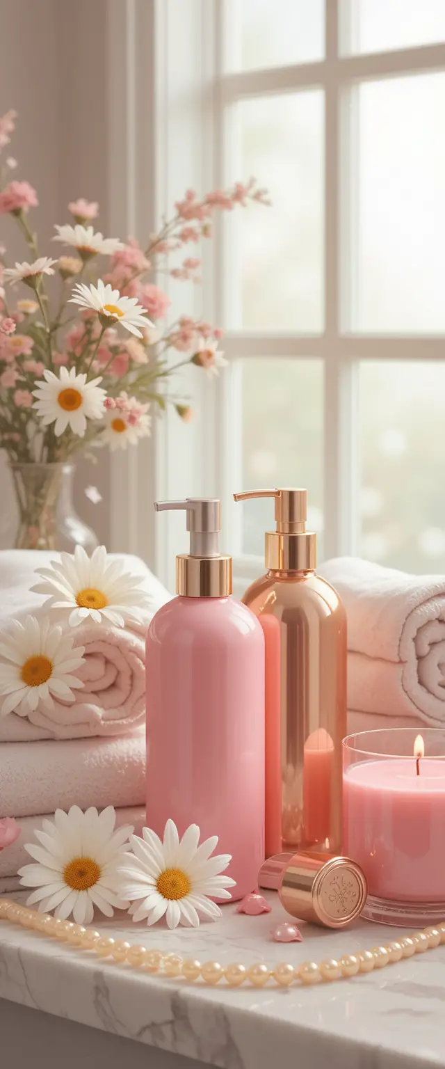 Rosa-goldenes Spa-Stillleben am hellen Fenster