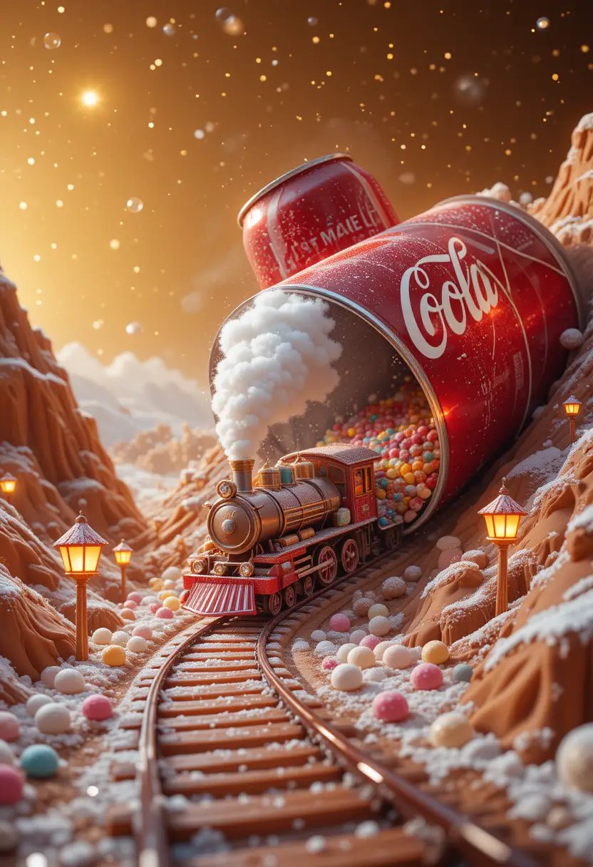 Trem de Doces Saindo de um Túnel de Lata Gigante de Refrigerante