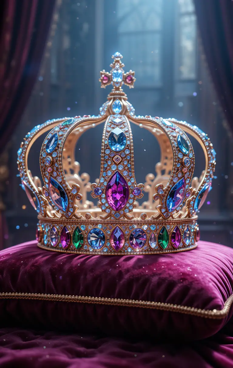 Couronne sertie de bijoux reposant sur un coussin de velours en détails photoréalistes