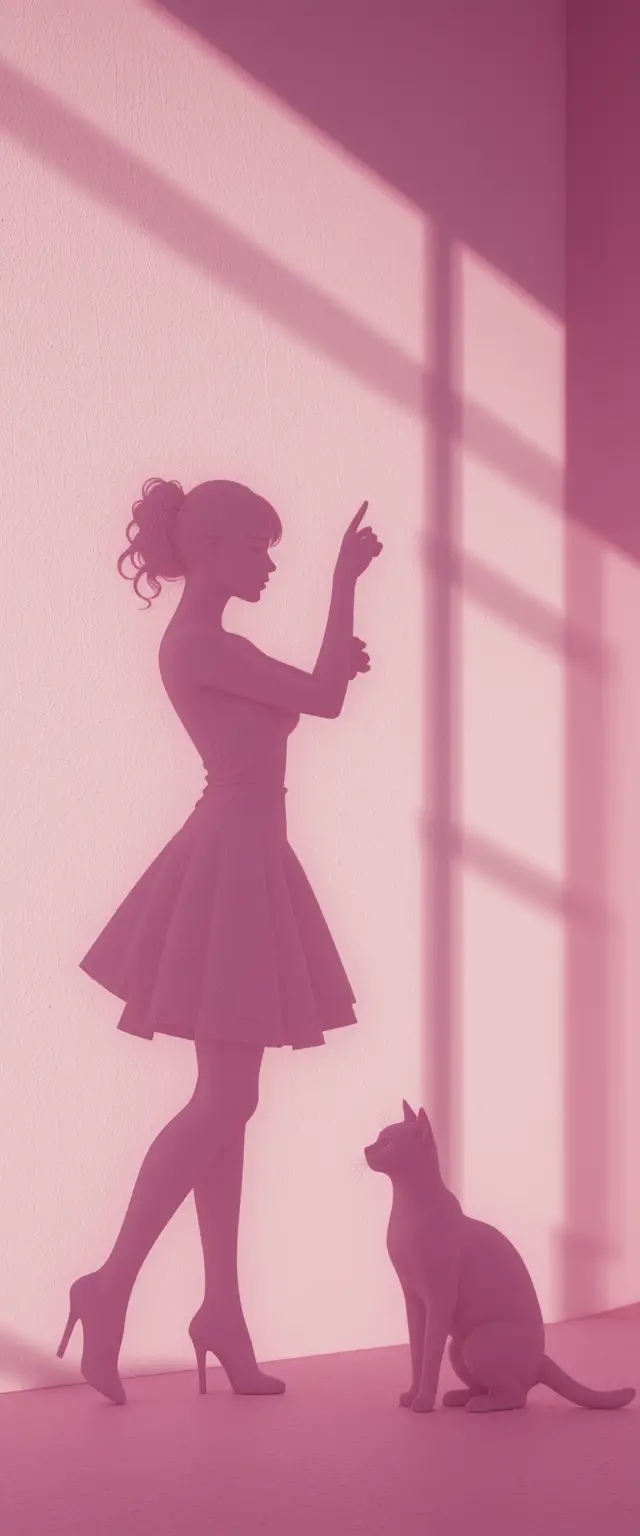 Anmutige rosa Silhouetten einer tanzenden Frau und einer Katze