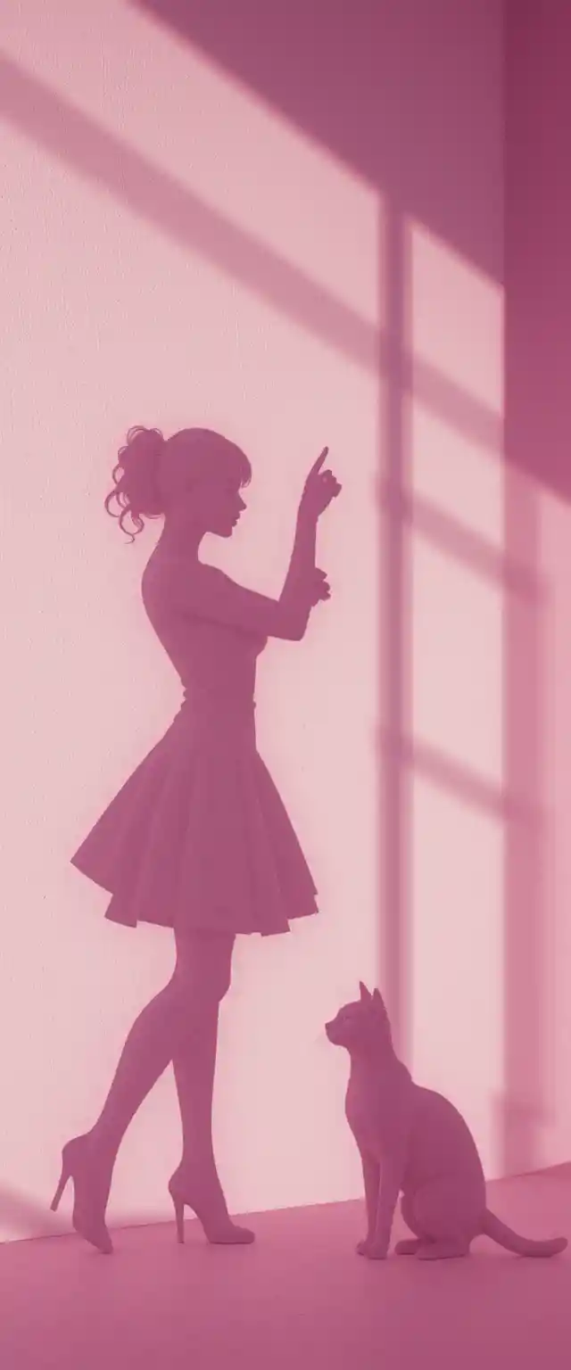Graceful pink silhouettes of dancing woman and cat