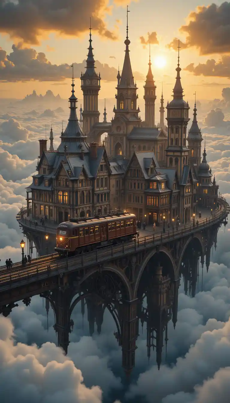 Schwebende Steampunk-Stadt im Himmel bei Sonnenuntergang