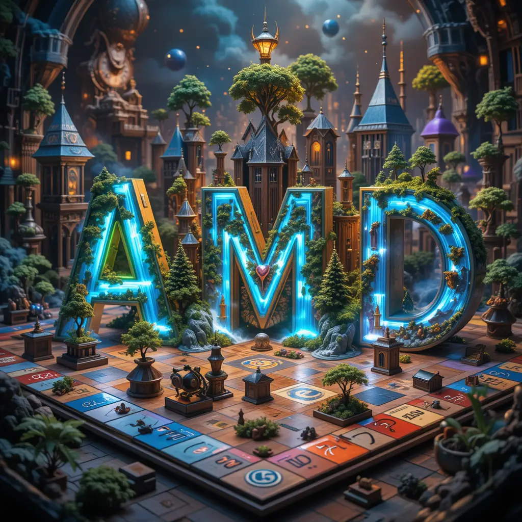 Plateau de Monopoly surréaliste de mondes fantastiques 3D lumineux