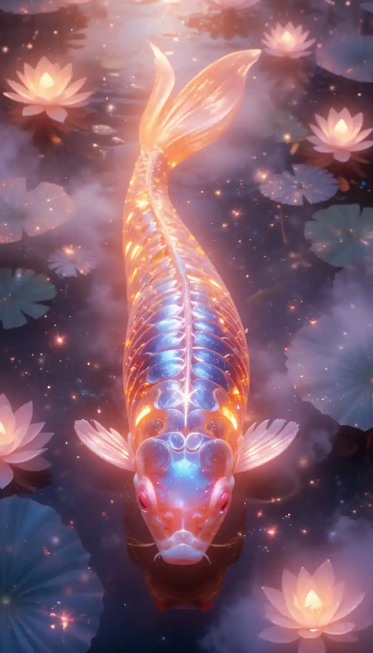 Koi-Fische, die durch einen leuchtenden kosmischen Teich gleiten
