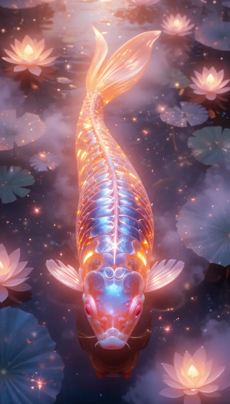 在發光宇宙池中悠遊滑行的錦鯉