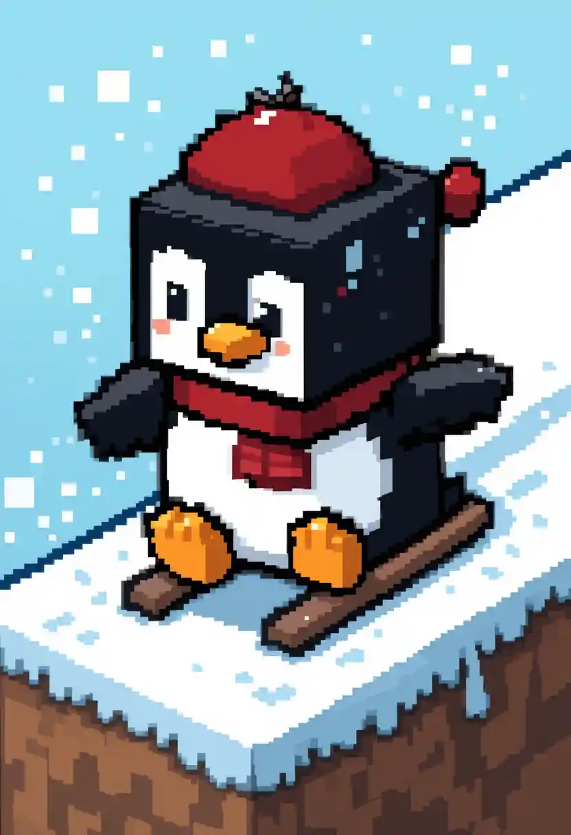 Happy pixel art penguin sliding down a snowy slope