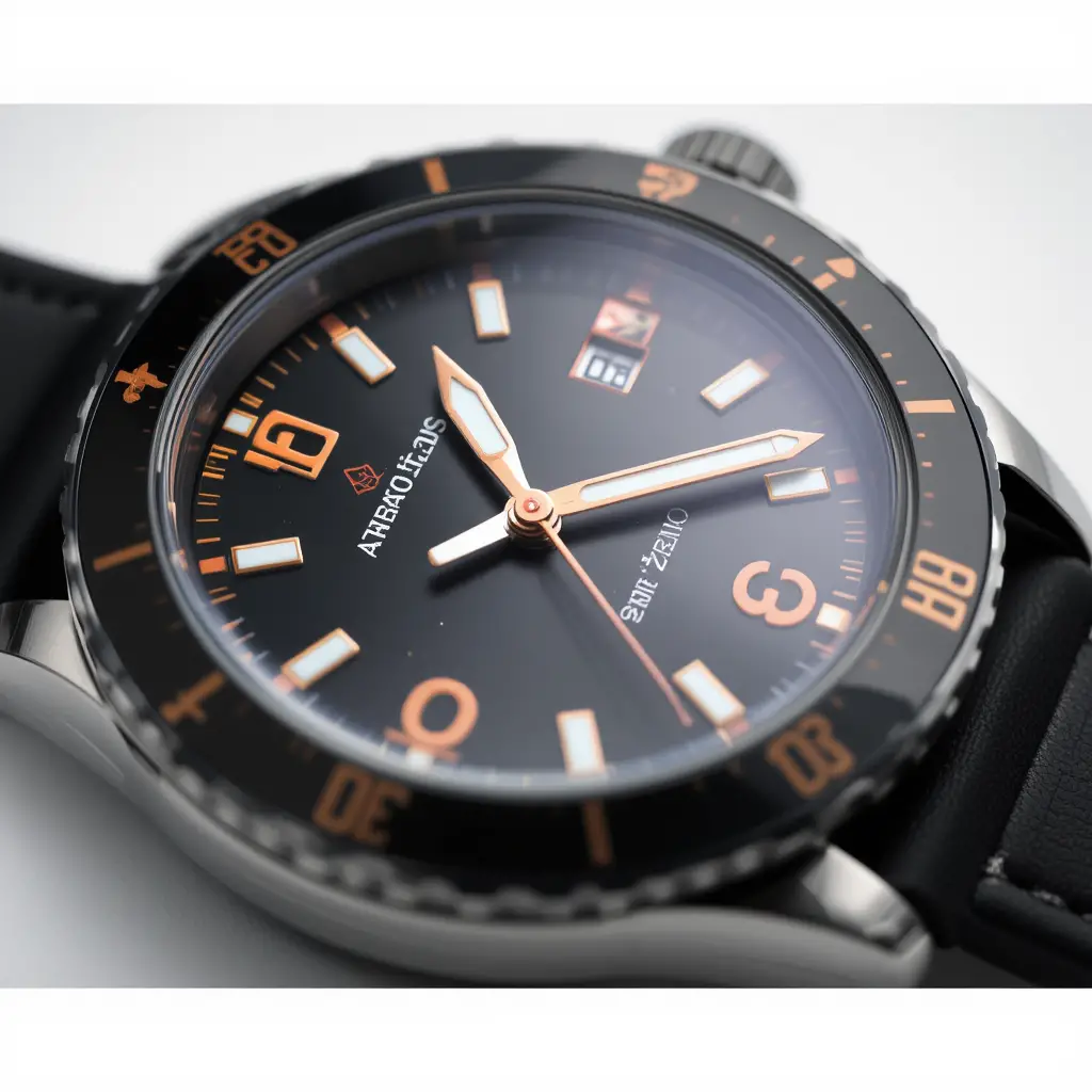 Nahaufnahme einer schwarzen Armbanduhr mit markant-modernem Zifferblattdesign