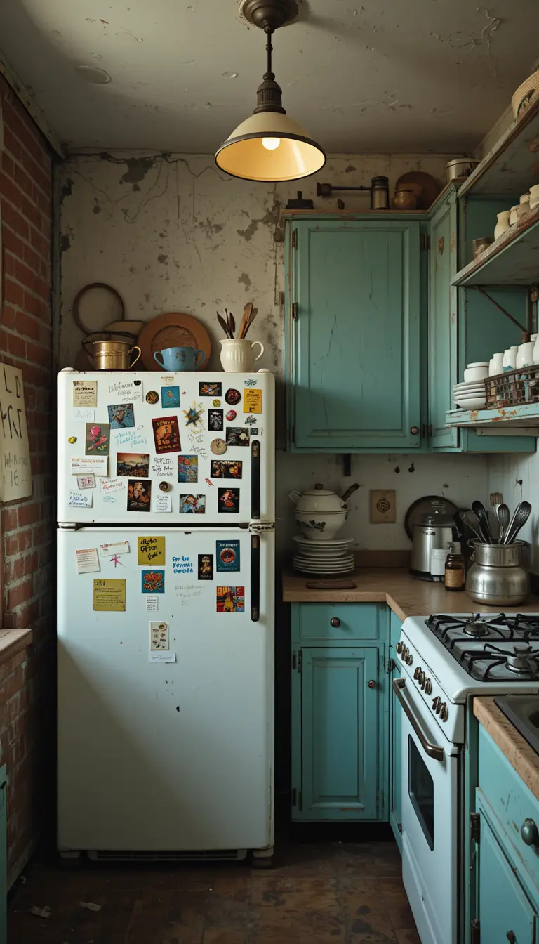Gemütliche Apartmentküche mit vintage-türkisen Schränken und Kühlschrank