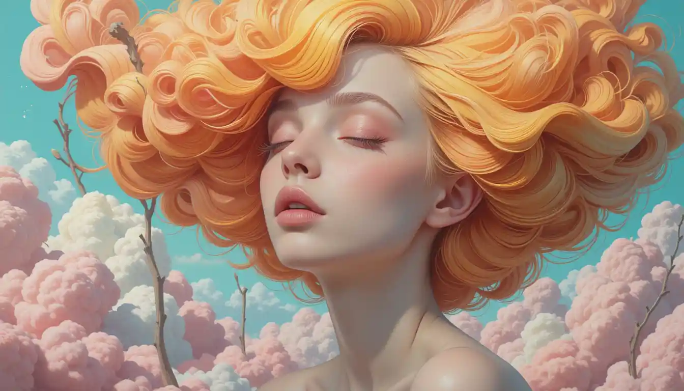 Surreal portrait of a woman with cloudlike colorful hair