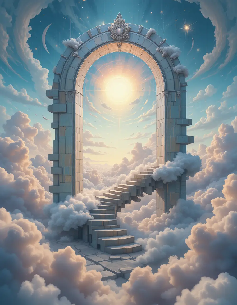 Surreal glass arch and spiral staircase in glowing void