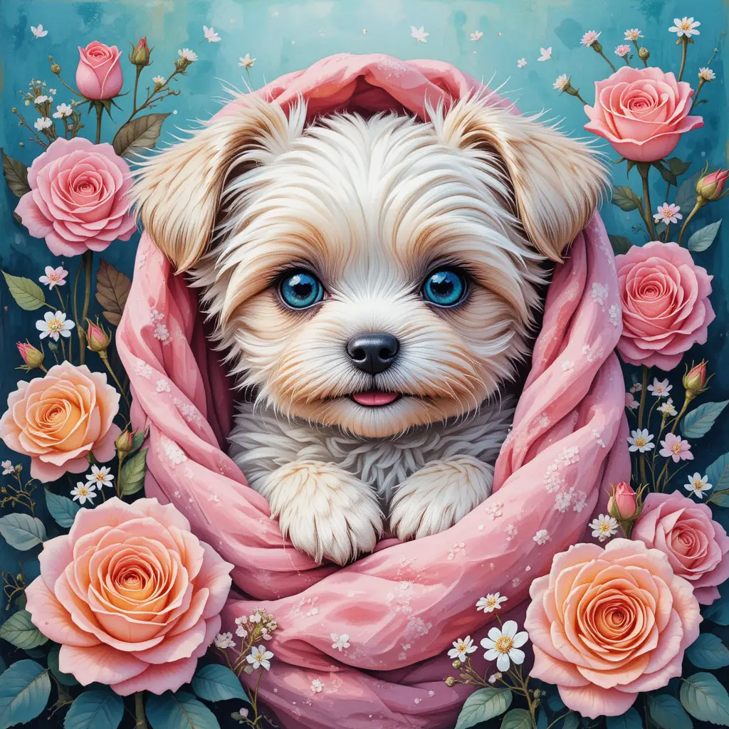 Dolce cucciolo di maltese avvolto in una coperta rosa tra i fiori