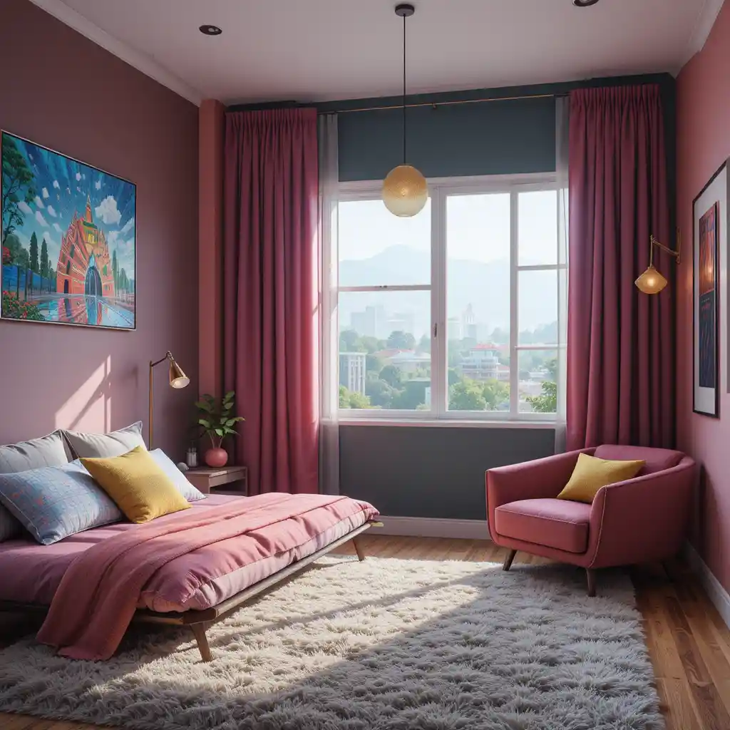 Camera da letto colorata con divano accanto a una finestra luminosa