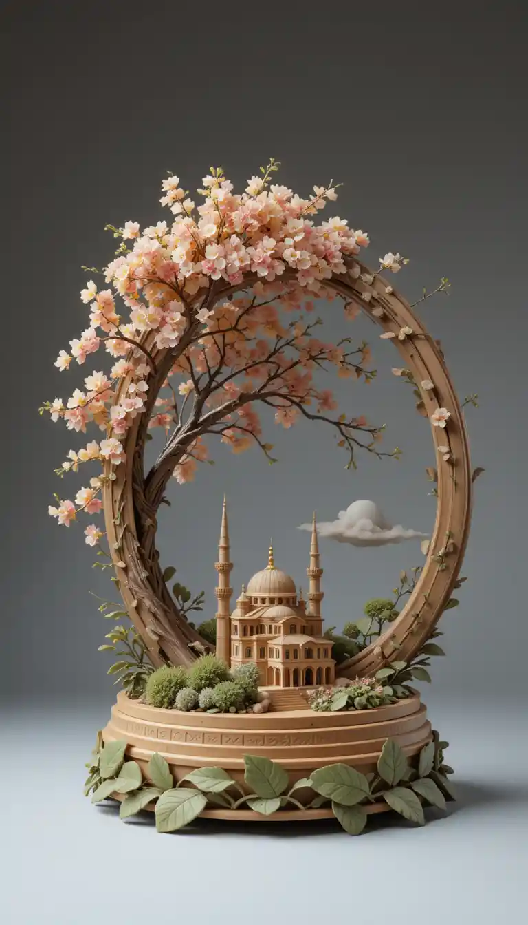 Scultura circolare in legno con scena di albero e moschea