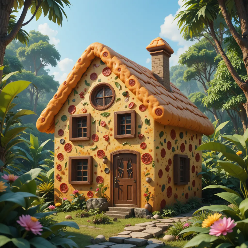 Maison de pizza féerique dans une scène 3D de jungle luxuriante