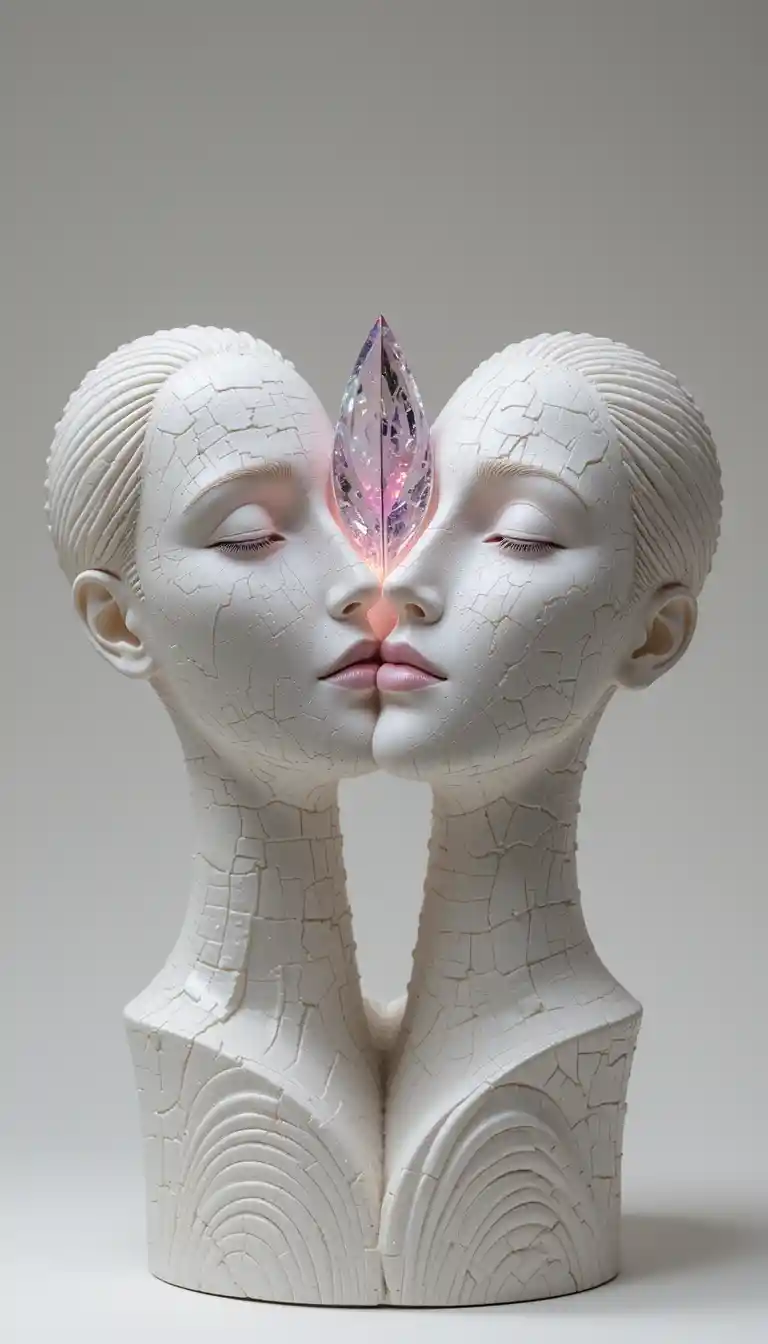 Scultura in gesso con due volti pacifici e stella di cristallo