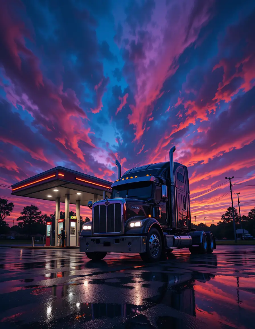 Camion semirimorchio al distributore sotto un cielo drammatico al tramonto