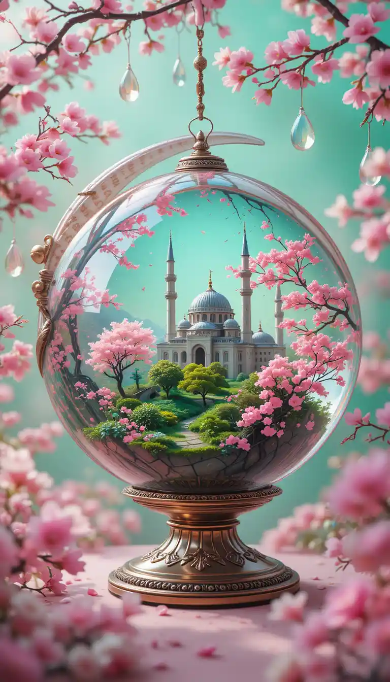 Crescent glass sphere with mosque and cherry blossoms