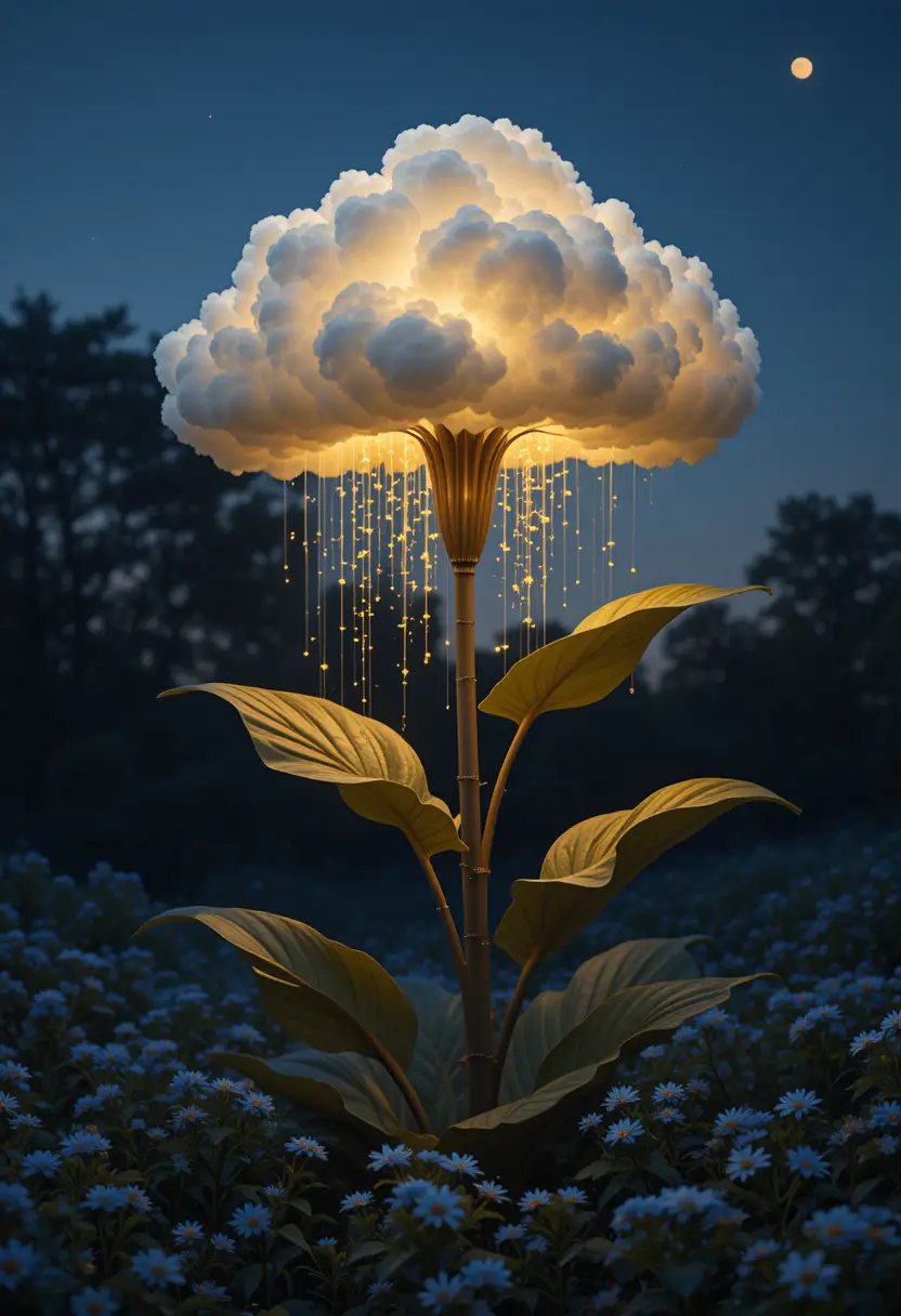 Surreale Fantasiepflanze mit leuchtender Wolkenblüte in der Nacht