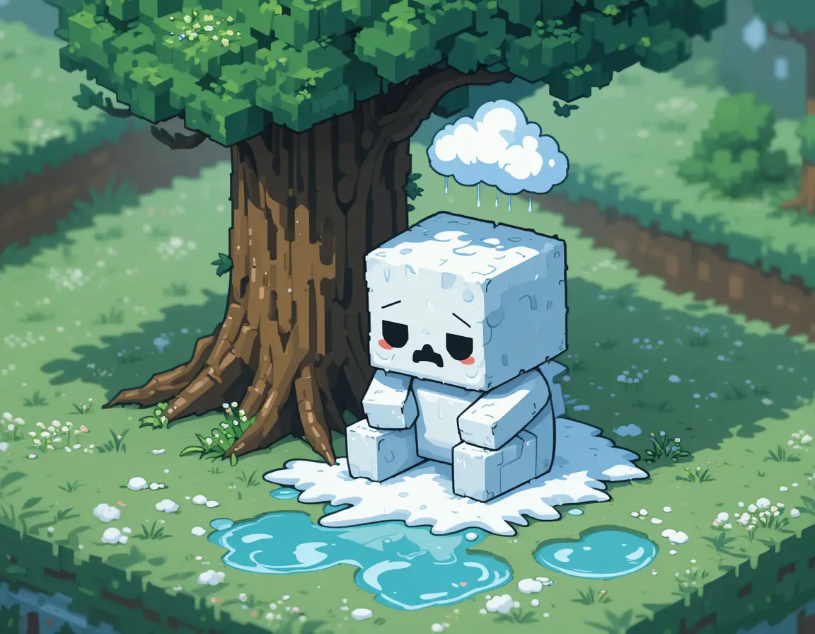 Golem de neige triste fondant sous un arbre en pixel art