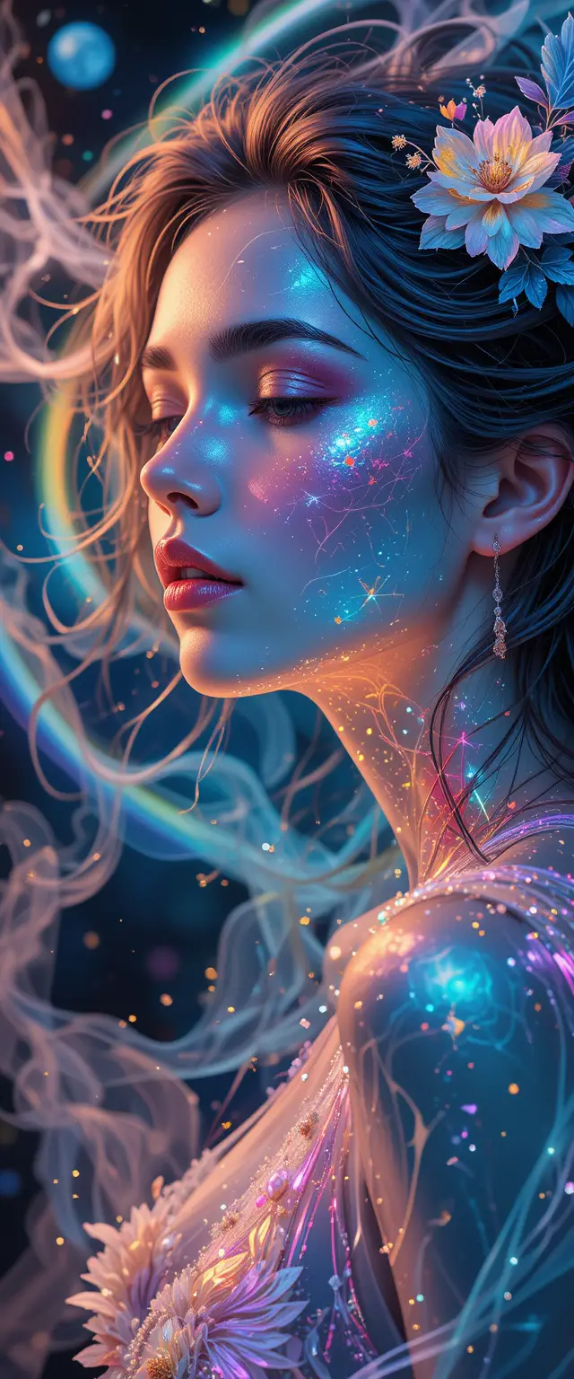 Iridescent anime woman with swirling neon magical light
