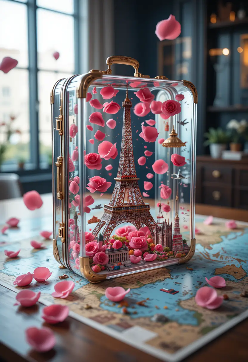 Valigia di vetro trasparente con Torre Eiffel e petali di rosa
