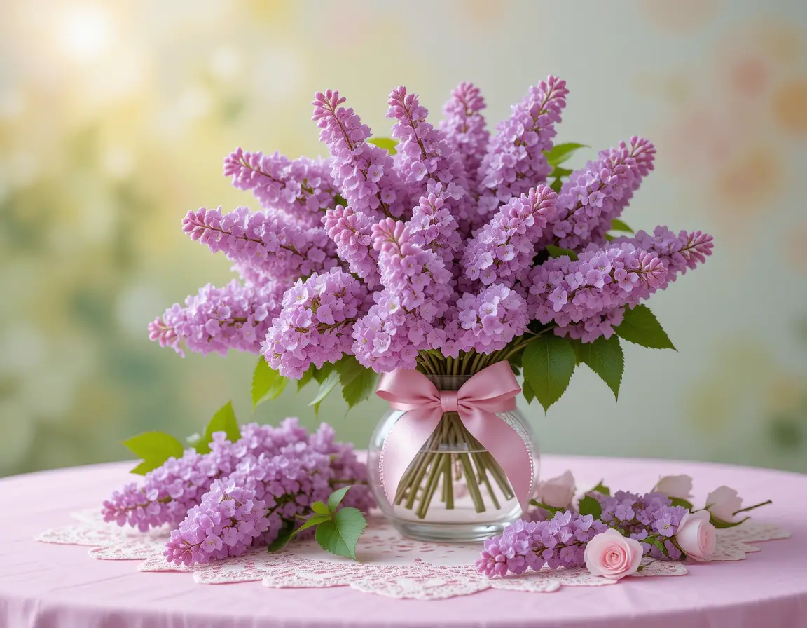 Lilac flower bouquet on lace napkin over pink table