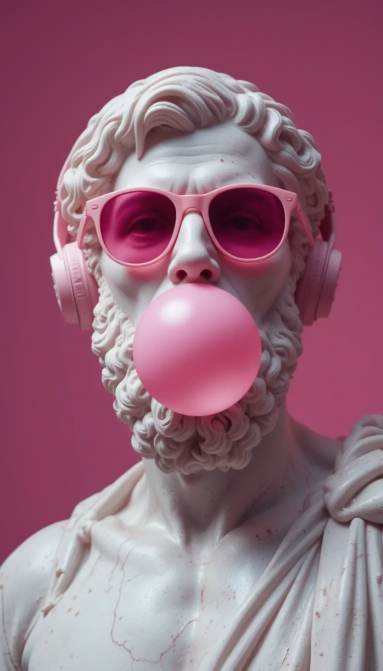 Marmorstatue von Sokrates mit rosa Sonnenbrille und Kopfhörern