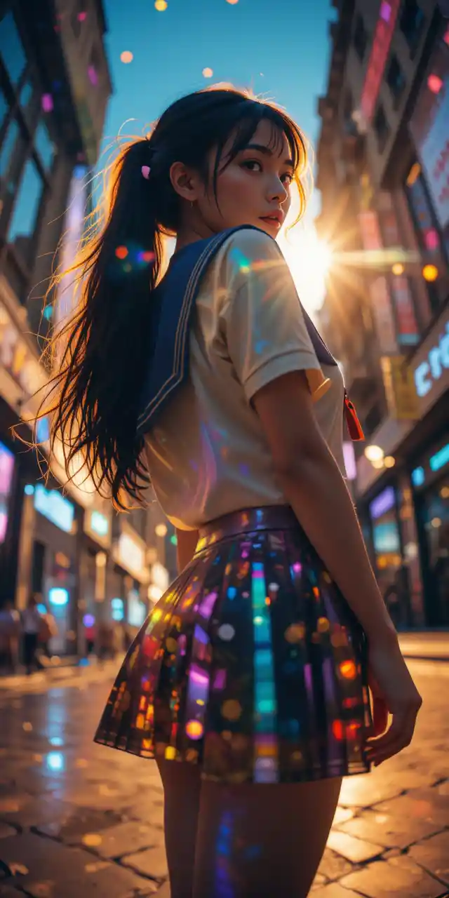 Triple exposure portrait of girl in sailor school uniform