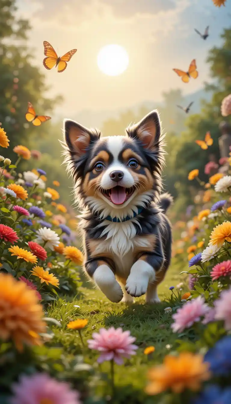 Playful puppy running in a sunny flower garden