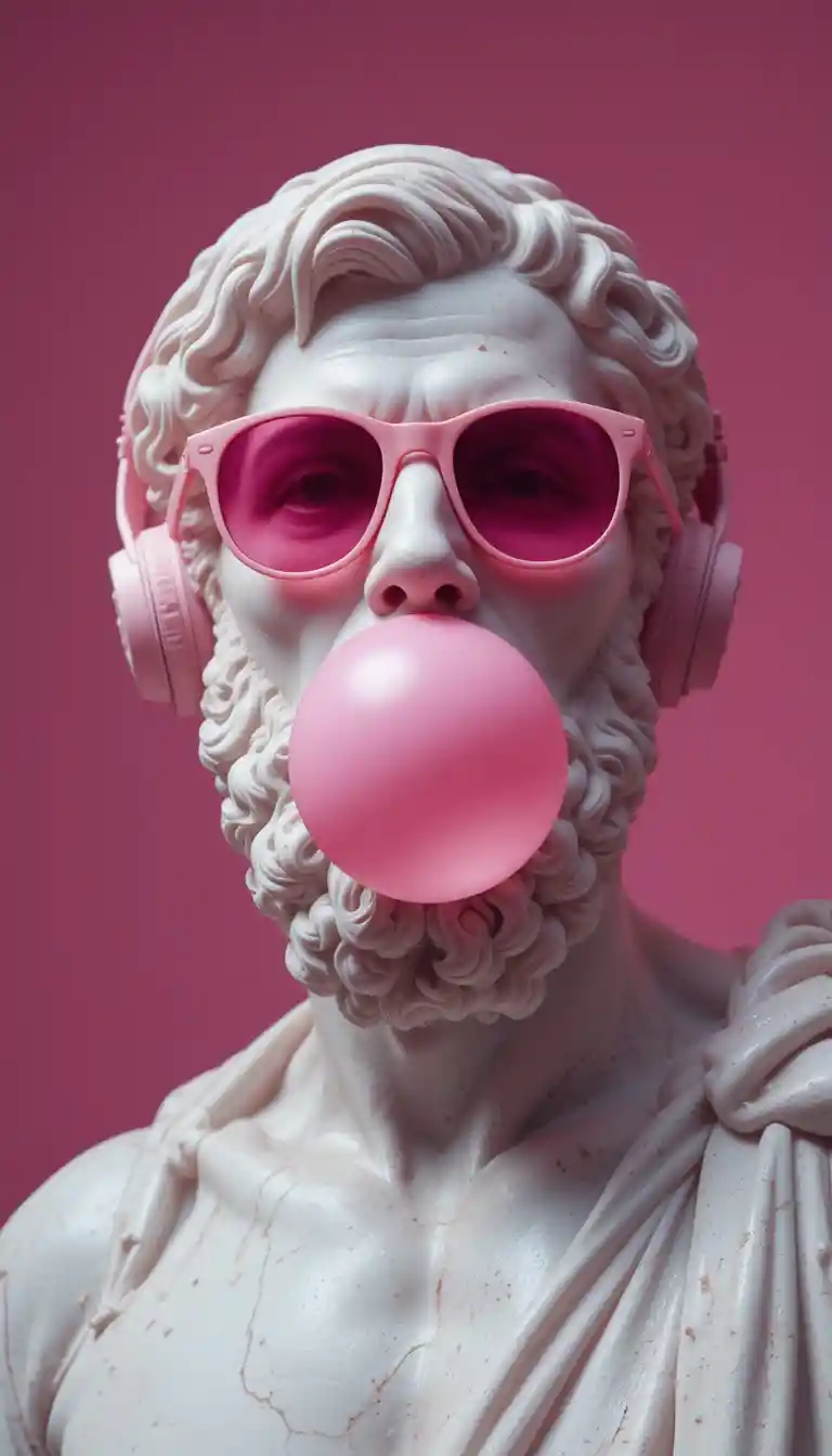 Marble statue of Socrates with pink sunglasses and headphones